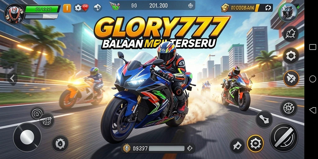 Screenshot gameplay GLORY777 menunjukkan aksi balapan motor yang mendebarkan.