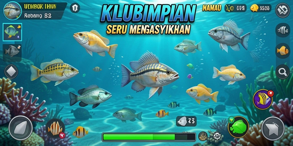 Tampilan gameplay seru dari KLUBIMPIAN dengan ikan berwarna-warni.