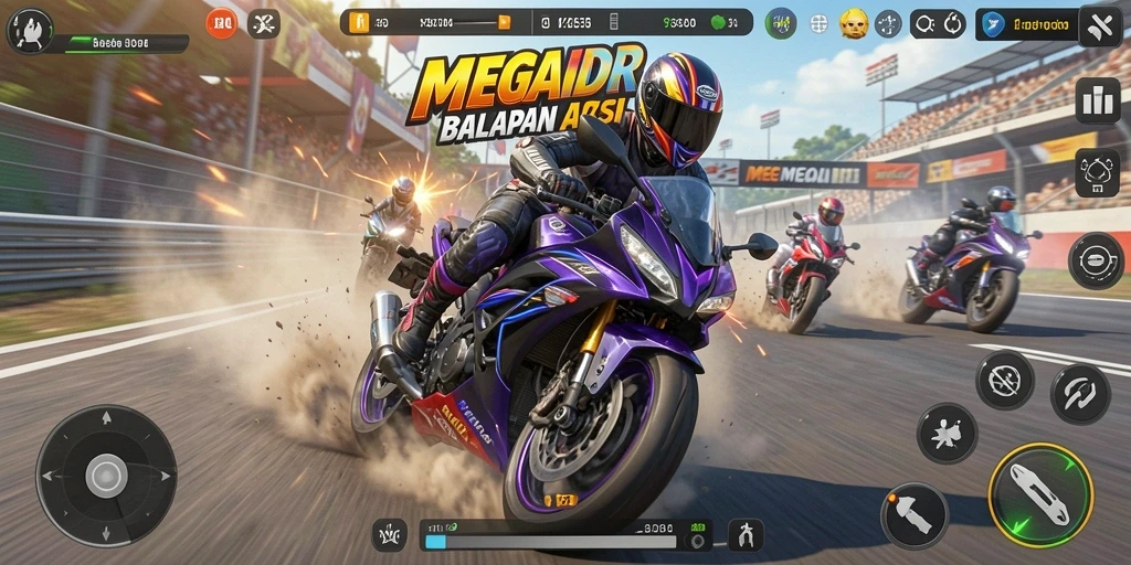 Tampilan gameplay menegangkan dalam MEGAIDR saat balapan motor