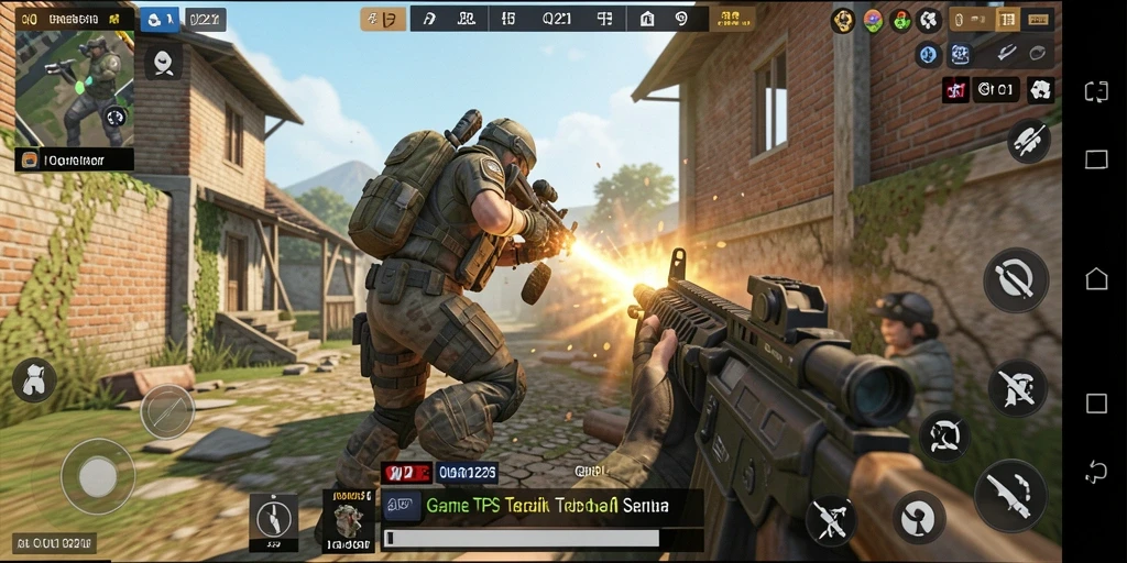 Screenshot gameplay QQ1221 menampilkan aksi tembak-menembak yang intens.