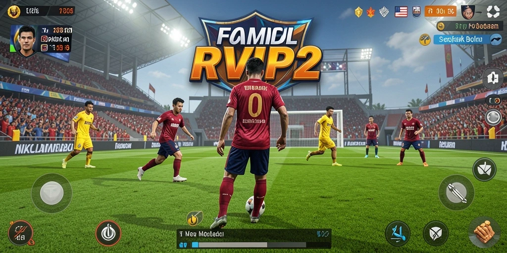 Screenshot game RVIP2 menampilkan aksi seru di lapangan sepak bola.